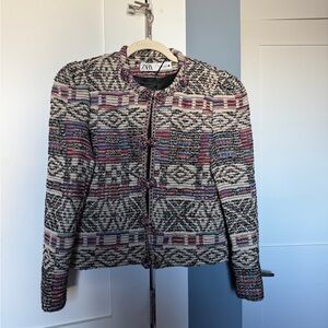 Zara Women's Patterned Tweed Jacket - Black, White, Pink